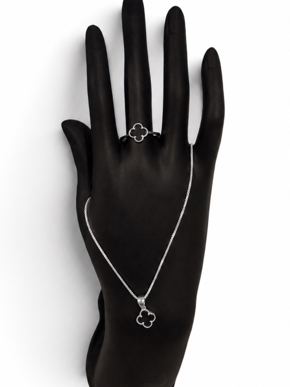 925 Sterling Silver Chain, Clover Pendant & Size 8 Ring Set Black Onyx & CZ NWT
